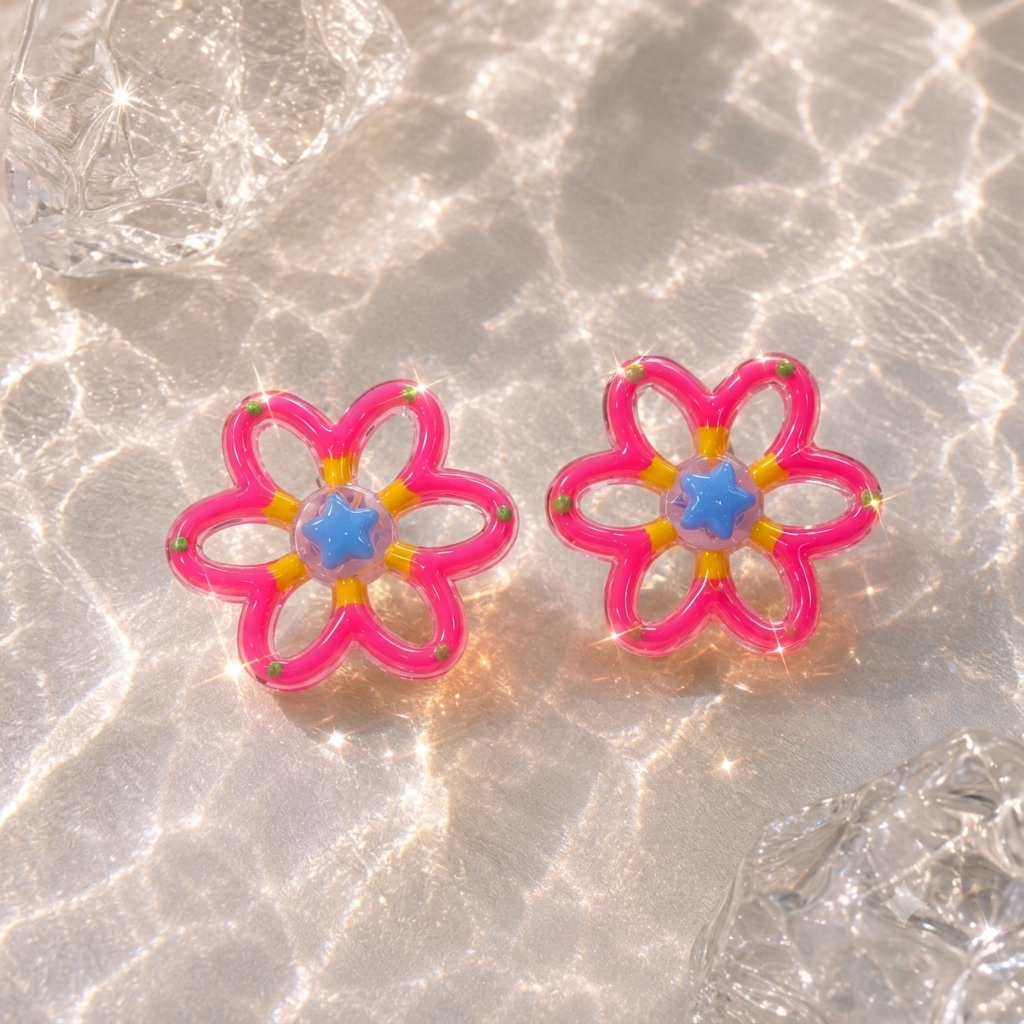 Y2K Pink Daisy Star Stud Earrings | Kawaii Retro Flower Earrings | 90s Inspired Cute Resin Earrings | Coquette Bubblegum Jewelry