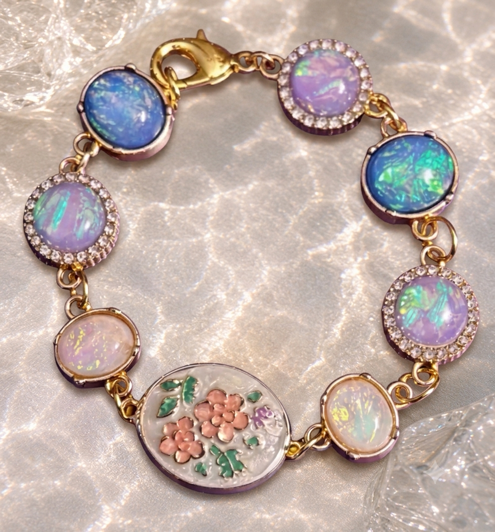 Opal Charm Bracelet, Y2K Cosmic Gold Celestial Jewelry, Pastel Floral Statement Piece