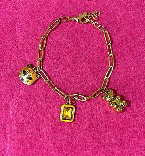 Gold Charm Bracelet | Y2K | Yellow Gem | Cat Charm Jewelry | Jenstones