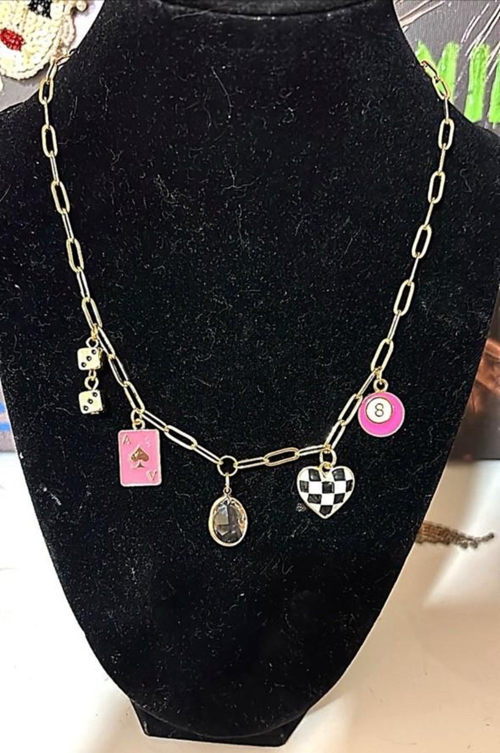Y2K Gold Chain with Playing Card & Dice | Statement Jewelry | 2000s Style Gift