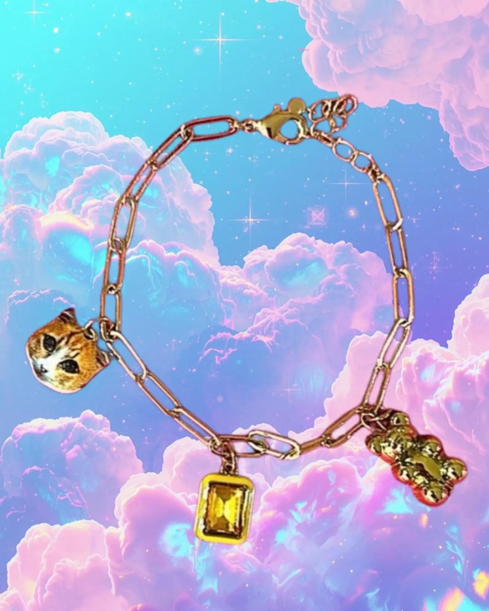 Gold Charm Bracelet | Y2K | Yellow Gem | Cat Charm Jewelry | Jenstones