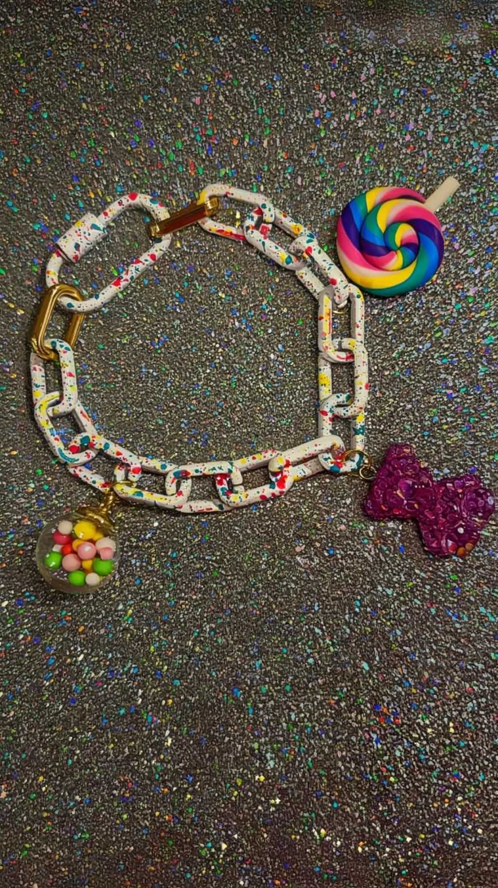 Gumball, Gummy Bear, Lollipop Charm Splatter White Chain Bracelet
