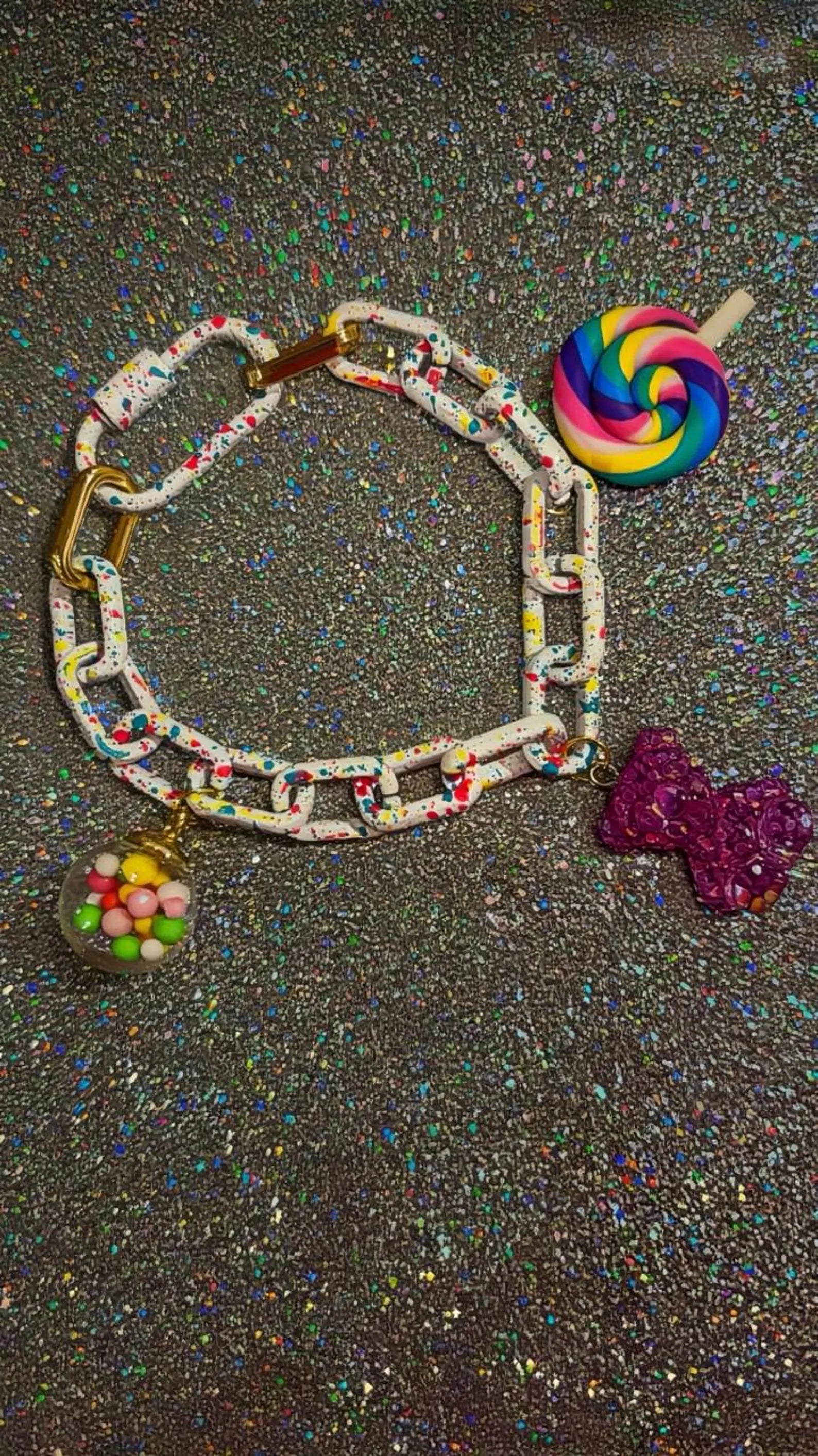 Gumball, Gummy Bear, Lollipop Charm Splatter White Chain Bracelet