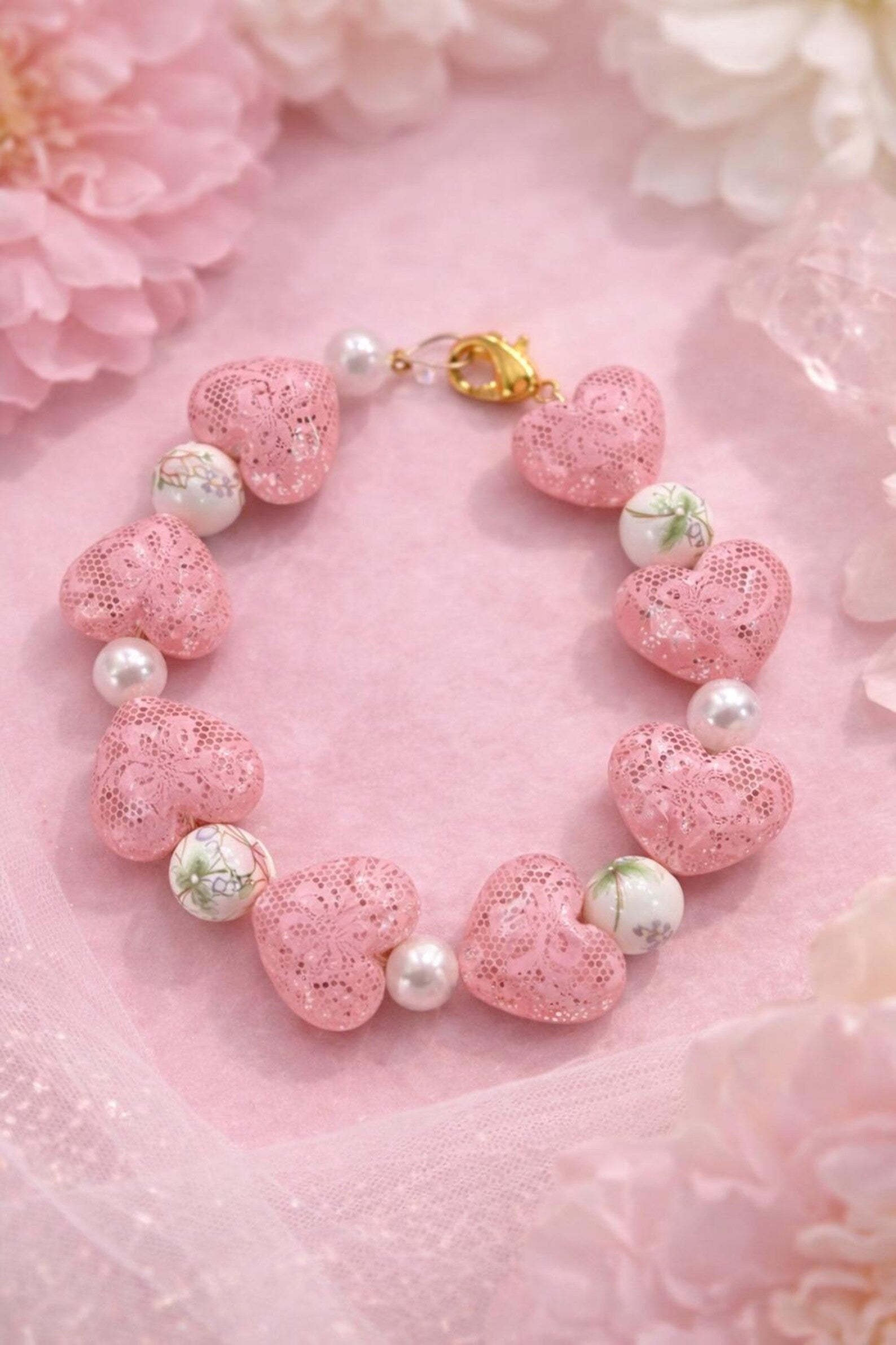 Pink Lace Hearts and Floral Beaded Bracelet