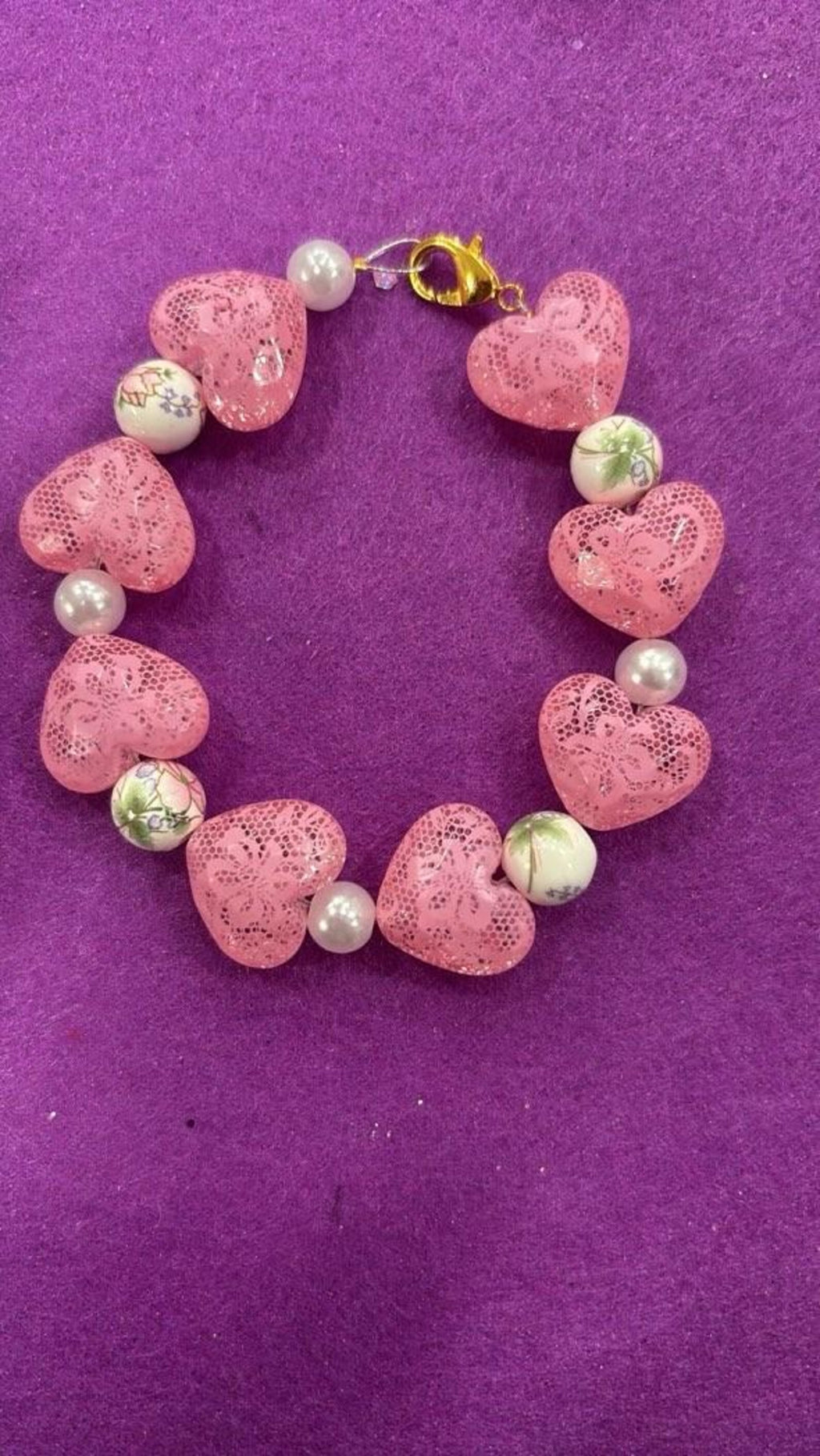 Pink Lace Hearts and Floral Beaded Bracelet