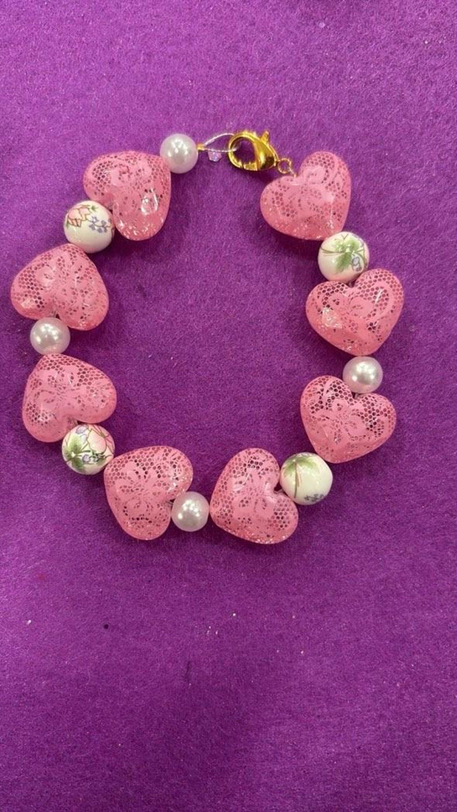 Pink Lace Hearts and Floral Beaded Bracelet