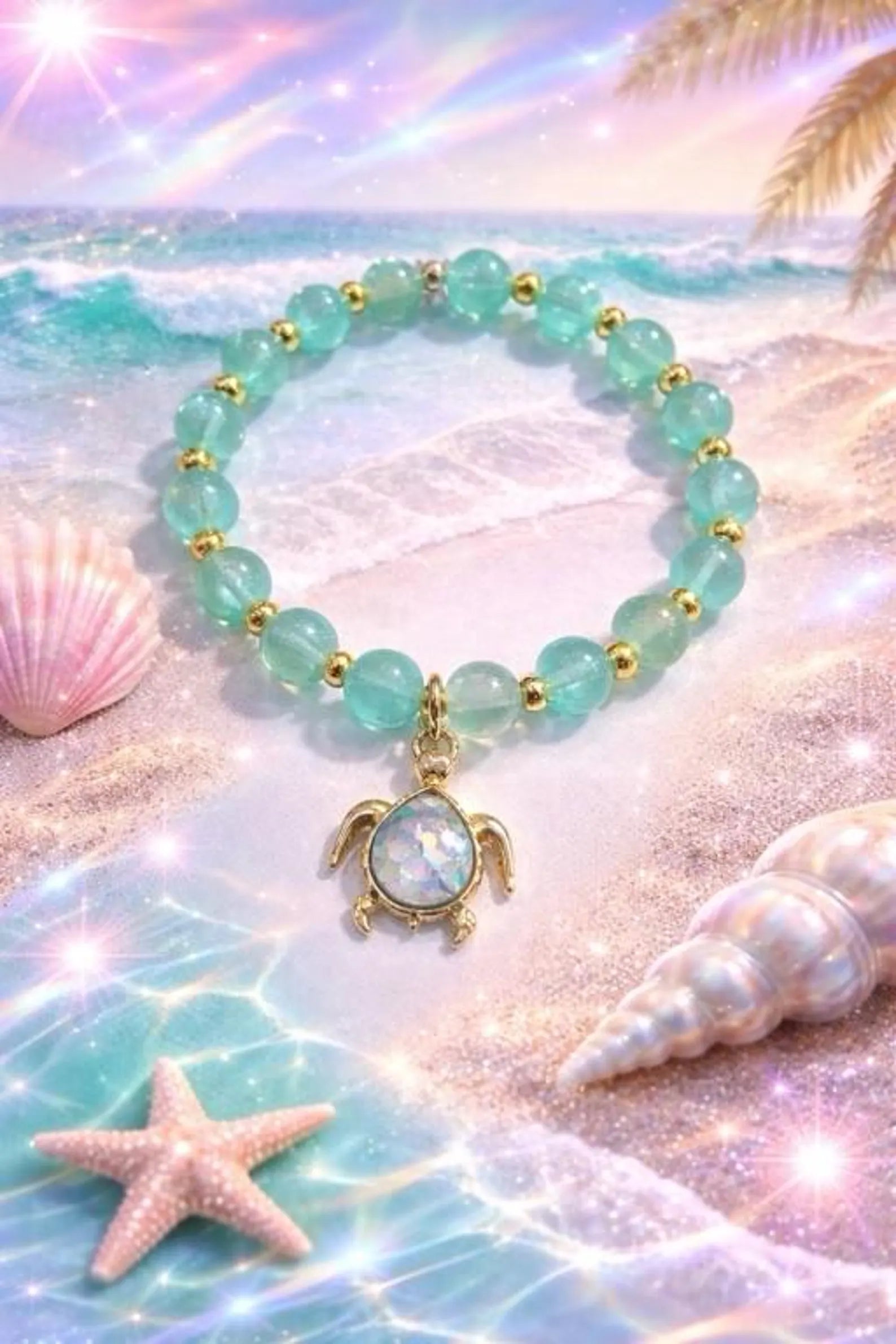 Mint Green Beaded Bracelet with Turtle Charm | Gold Accent Stretch Jewelry