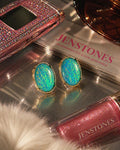 Blue Opal Oval Stud Earrings: Gold-Tone Y2K Statement Jewelry