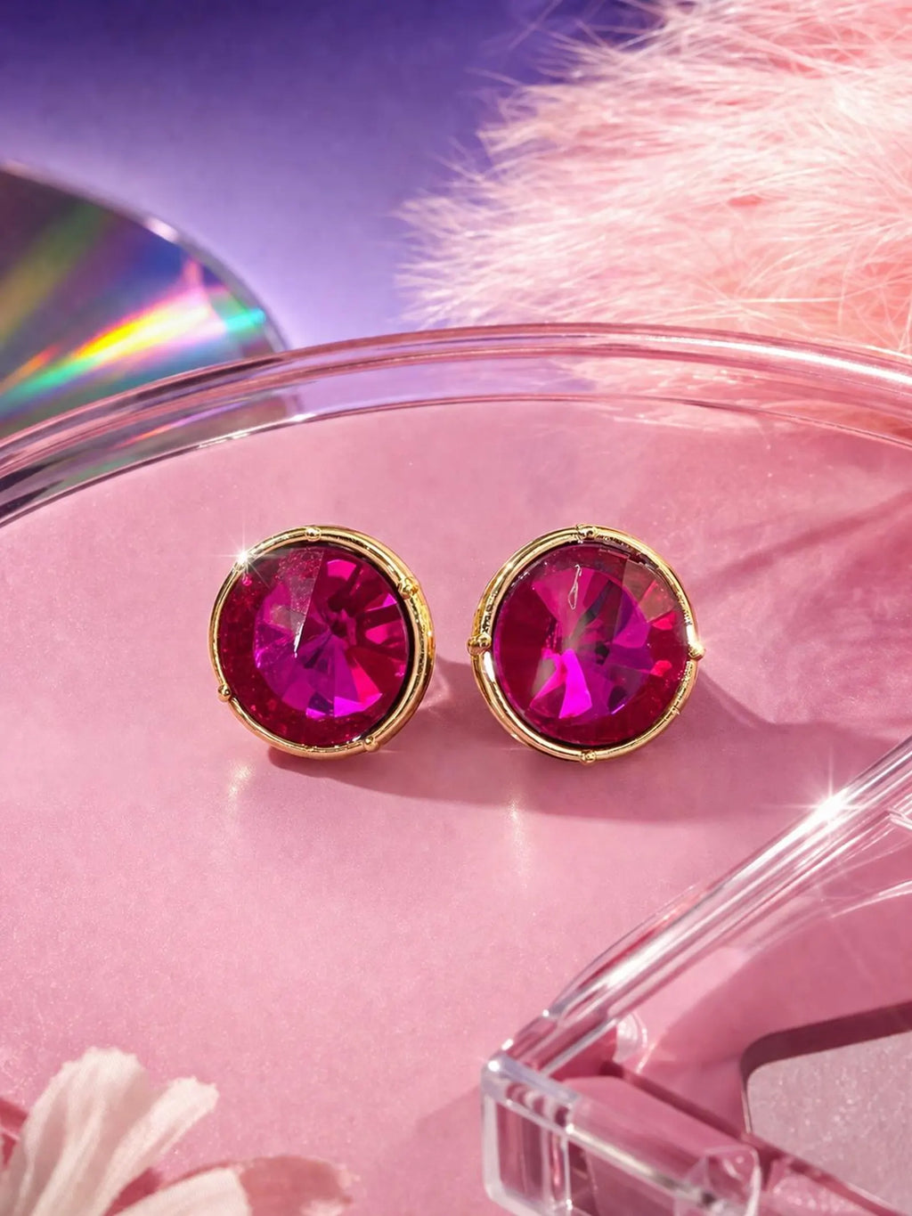 Hot Pink Gemstone Stud Earrings | Gold Tone Y2K Barbiecore Statement Sparkle Jewelry