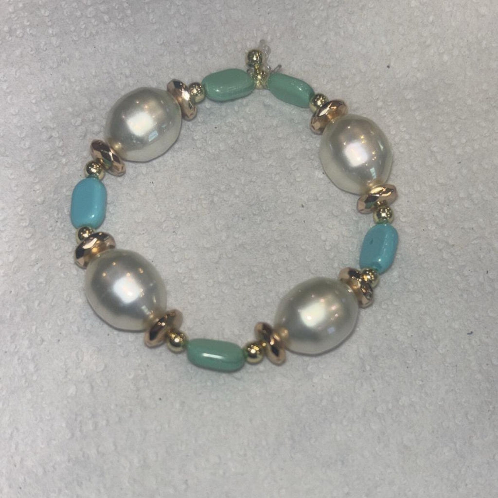 Baroque Pearl Turquoise Beaded Bracelet, Gold Accent Y2K Beach Jewelry