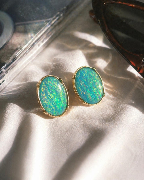 Blue Opal Oval Stud Earrings: Gold-Tone Y2K Statement Jewelry