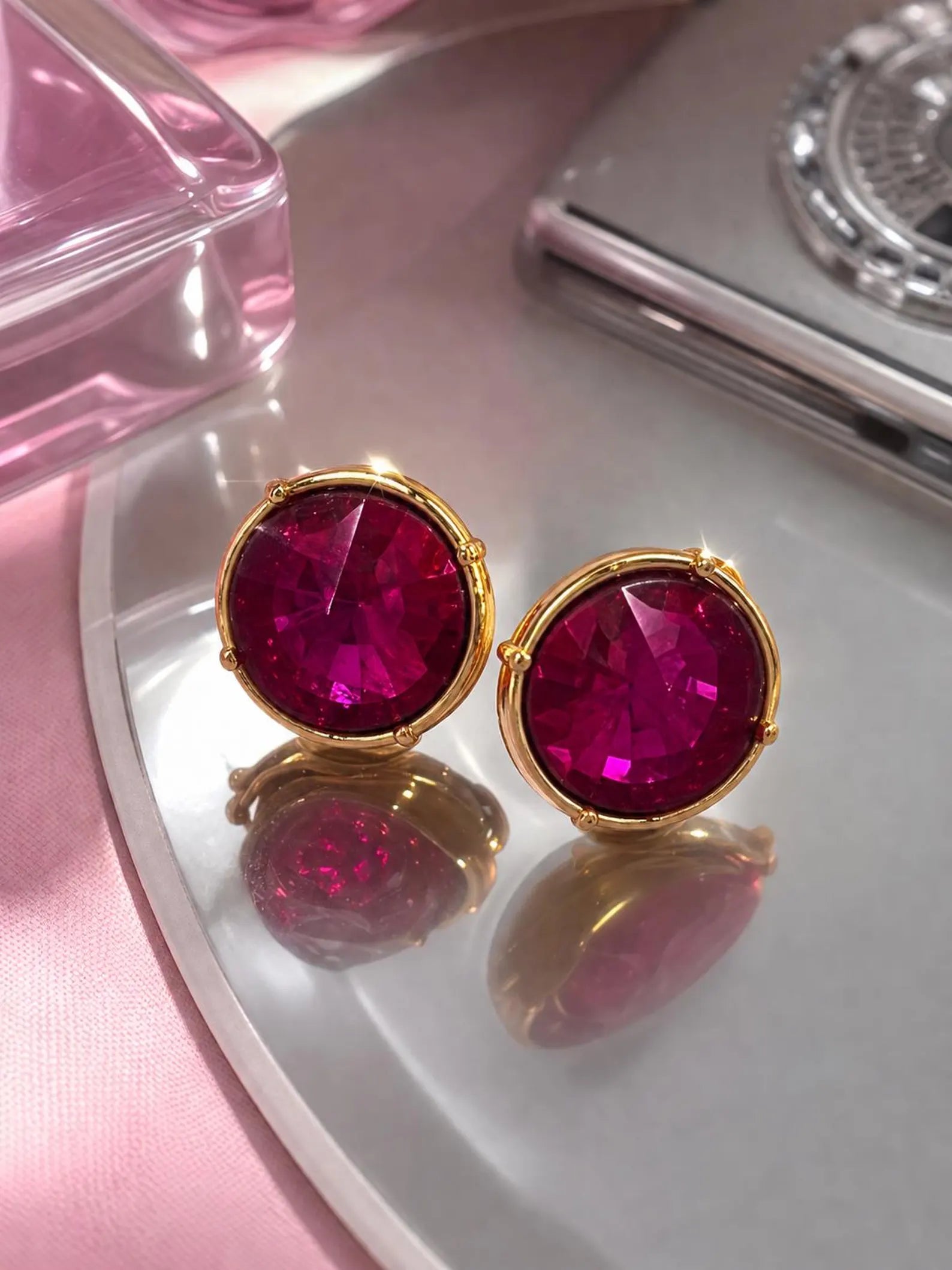 Hot Pink Gemstone Stud Earrings | Gold Tone Y2K Barbiecore Statement Sparkle Jewelry