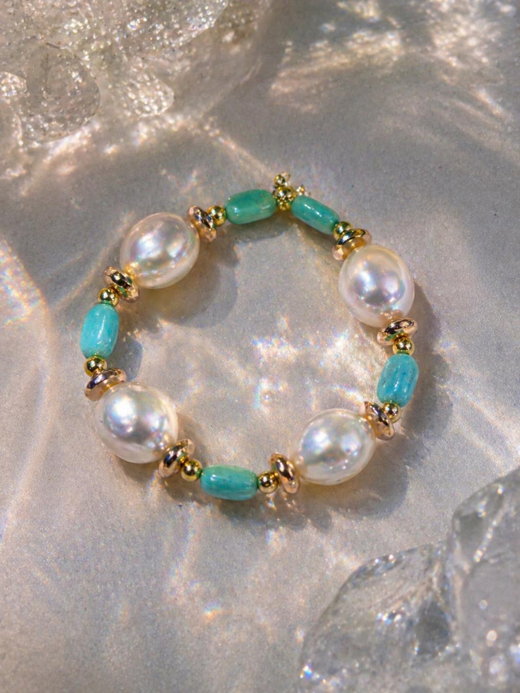 Baroque Pearl Turquoise Beaded Bracelet, Gold Accent Y2K Beach Jewelry
