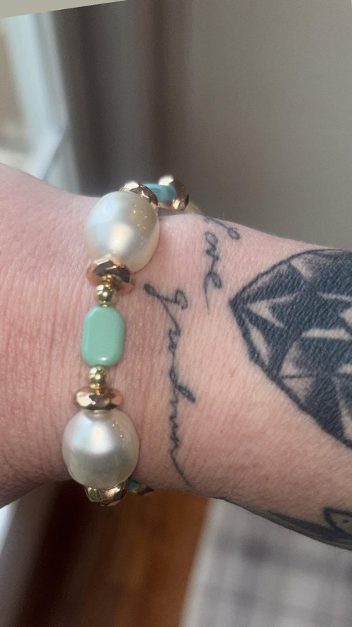 Baroque Pearl Turquoise Beaded Bracelet, Gold Accent Y2K Beach Jewelry