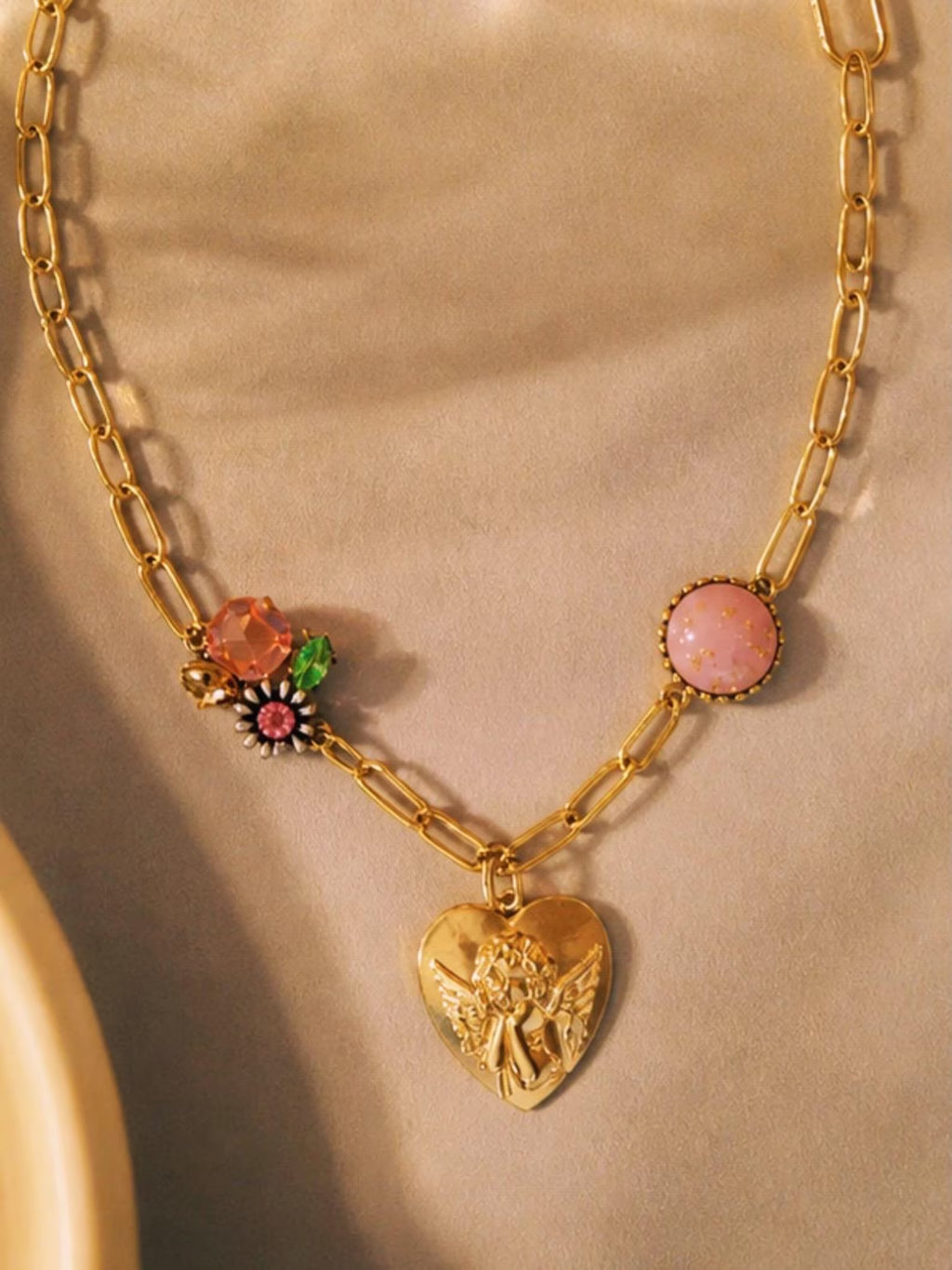 Vintage Gold Angel Heart Pendant Necklace | Chunky Chain Charm Necklace | Cottagecore Pink Floral Statement Jewelry