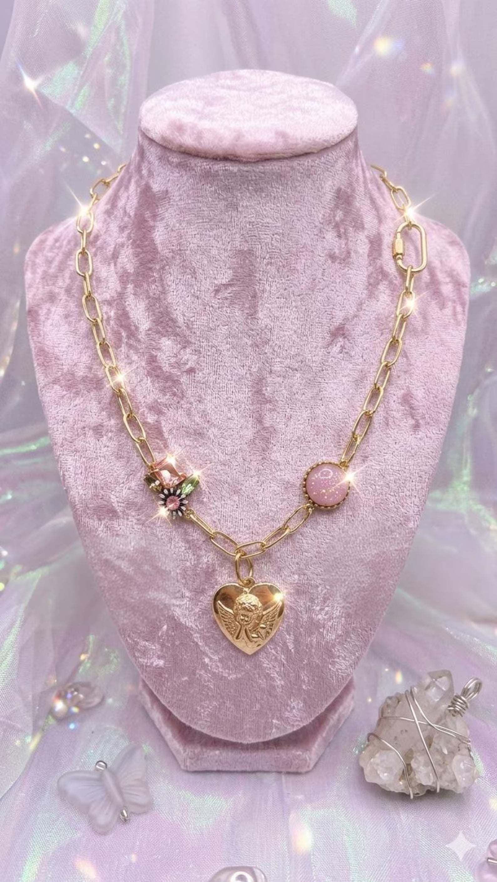Vintage Gold Angel Heart Pendant Necklace | Chunky Chain Charm Necklace | Cottagecore Pink Floral Statement Jewelry