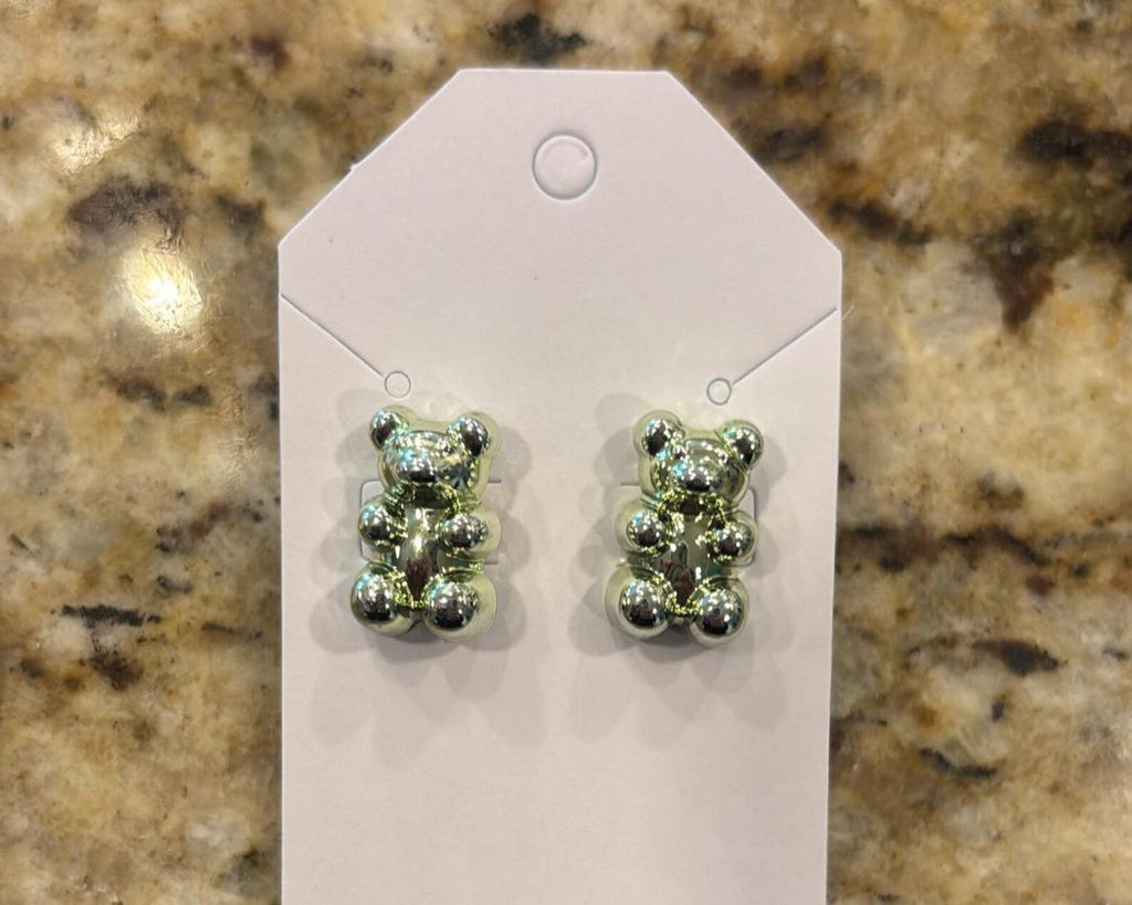 Metallic Gummy Bear Earrings | Trendy Silver Stud Earrings | Cute Bear Jewelry for Her