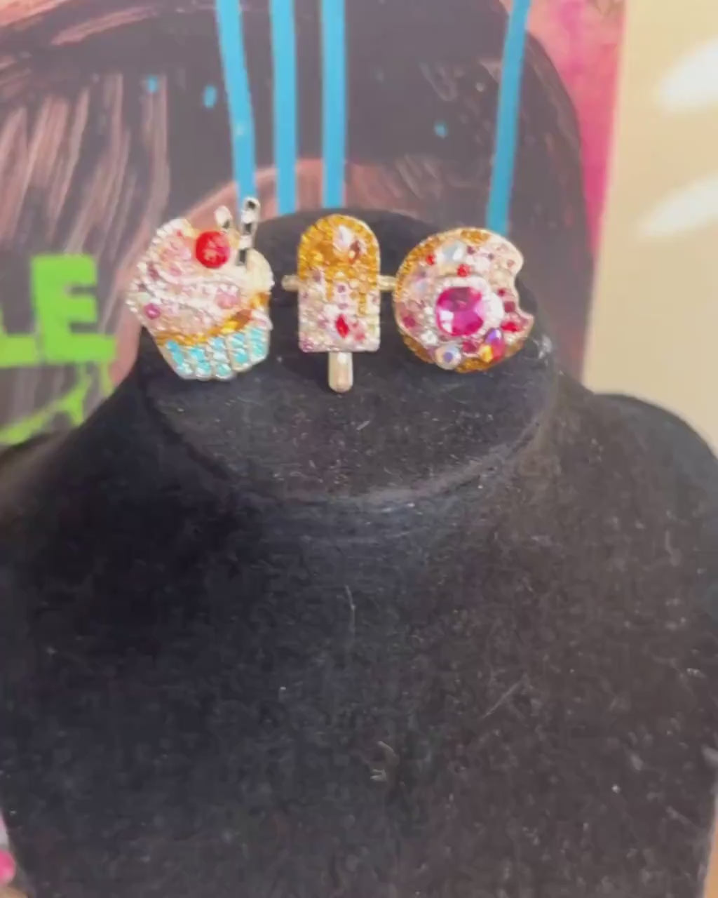 Y2K Sparkly Maximalist Food Ring – Handmade Adjustable Fun Jewelry