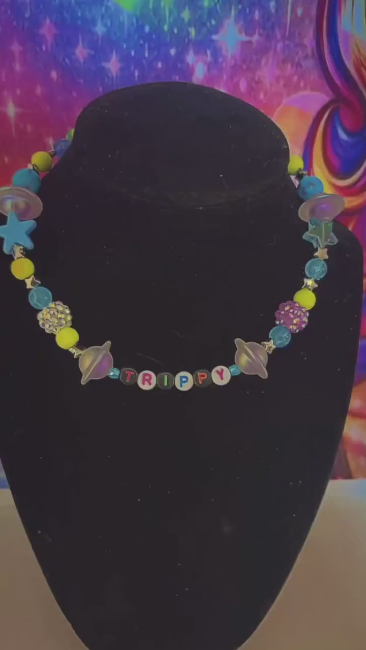 Handmade Custom Trippy Beaded Necklace | Y2K Space | Psychedelic Candy | Alien Planet Necklace | Colorful Jewelry